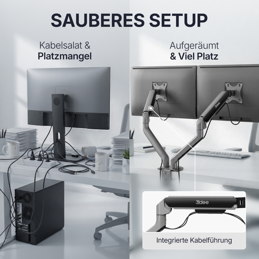 3IDEE Flexi-Lite Dual Monitorarm - 2 Monitore - [17-32" / bis 9kg pro Arm] - stufenlos Höhenverstellbar